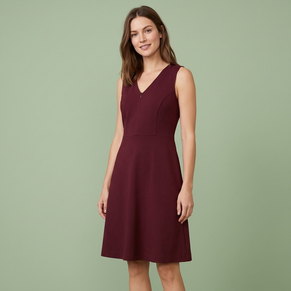 LOFT Dress Womens 6 Sheath Burgundy Sleeveless V-Neck Exposed Zipper EUC